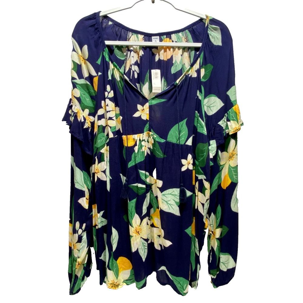 Old Navy Peasant Blouse Women's XL Tall Navy Floral Boho Career Casual NWT